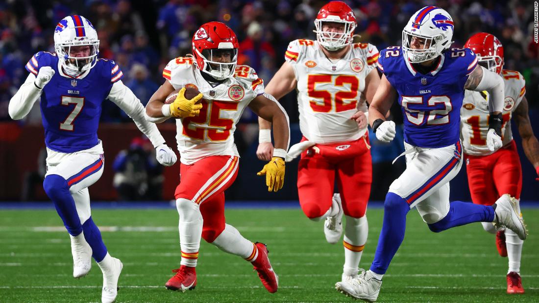 Kansas City Chiefs running back Clyde Edwards-Helaire carries the ball in the second quarter of the Chiefs&#39; 27-24 victory over the Buffalo Bills at Highmark Stadium in Orchard Park, New York, on January 21. The reigning Super Bowl champions will face the Baltimore Ravens in the AFC Championship.