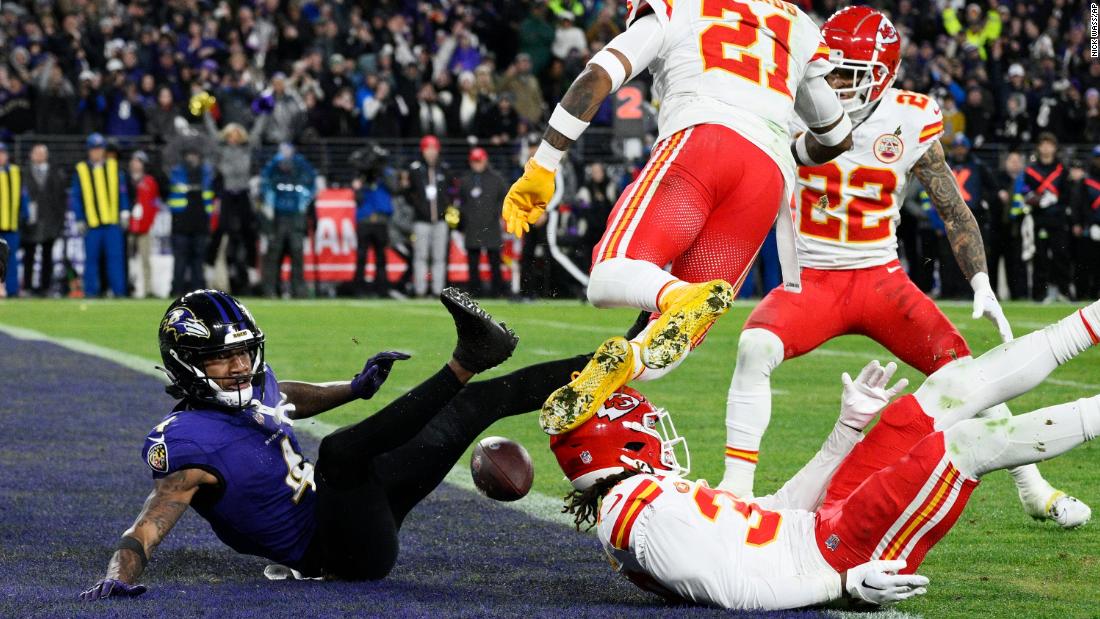 Baltimore Ravens wide receiver Zay Flowers falls as he fumbles into the end zone for a touchback against the Kansas City Chiefs on January 28.