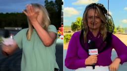 240206125758 9 news reporter vpx split hp video Video: Hosts lose it when reporter accidentally slaps herself on live TV