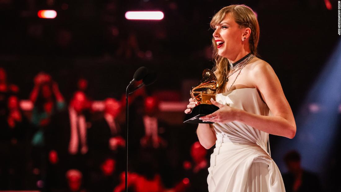 Swift accepts the album of the year Grammy for &quot;Midnights&quot; in February 2024. She is &lt;a href=&quot;https://www.cnn.com/2024/02/04/entertainment/gallery/grammy-awards-2024/index.html&quot; target=&quot;_blank&quot;&gt;the first artist to win album of the year four times&lt;/a&gt;.
