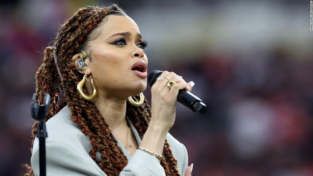 Singer Andra Day performs &quot;Lift Every Voice and Sing&quot; during the pregame festivities.