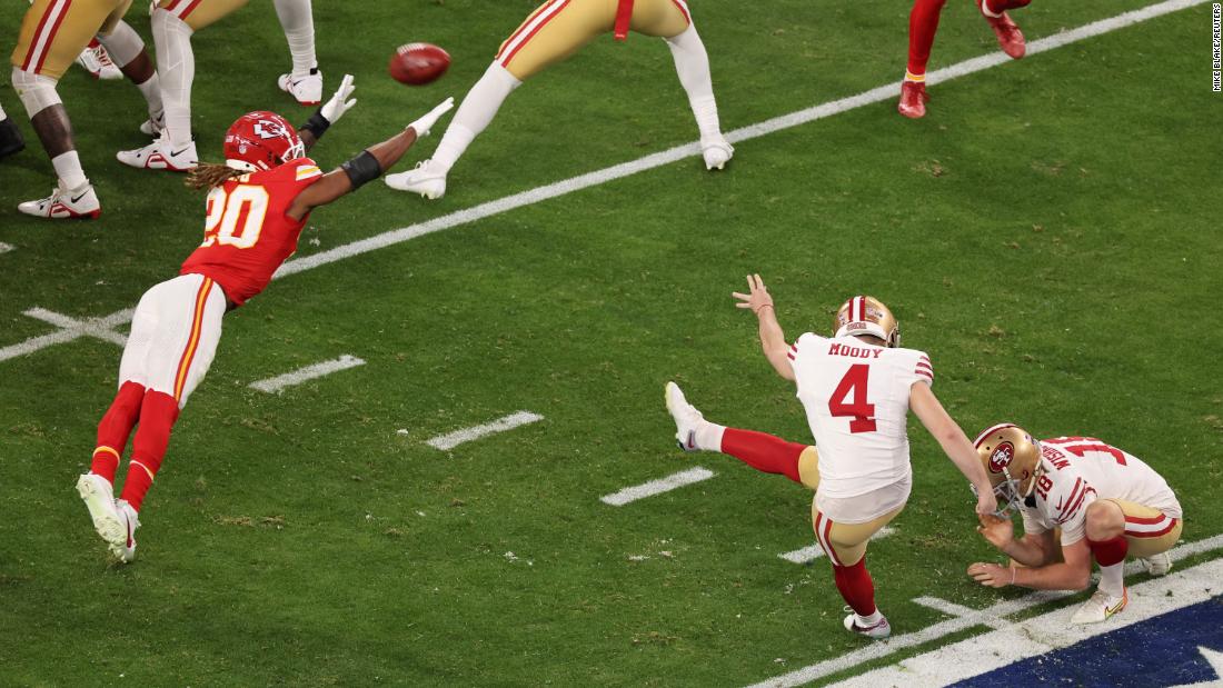 Moody makes a 55-yard field goal to open the scoring in the second quarter. It was the longest field goal in Super Bowl history until Butker topped it later in the game.
