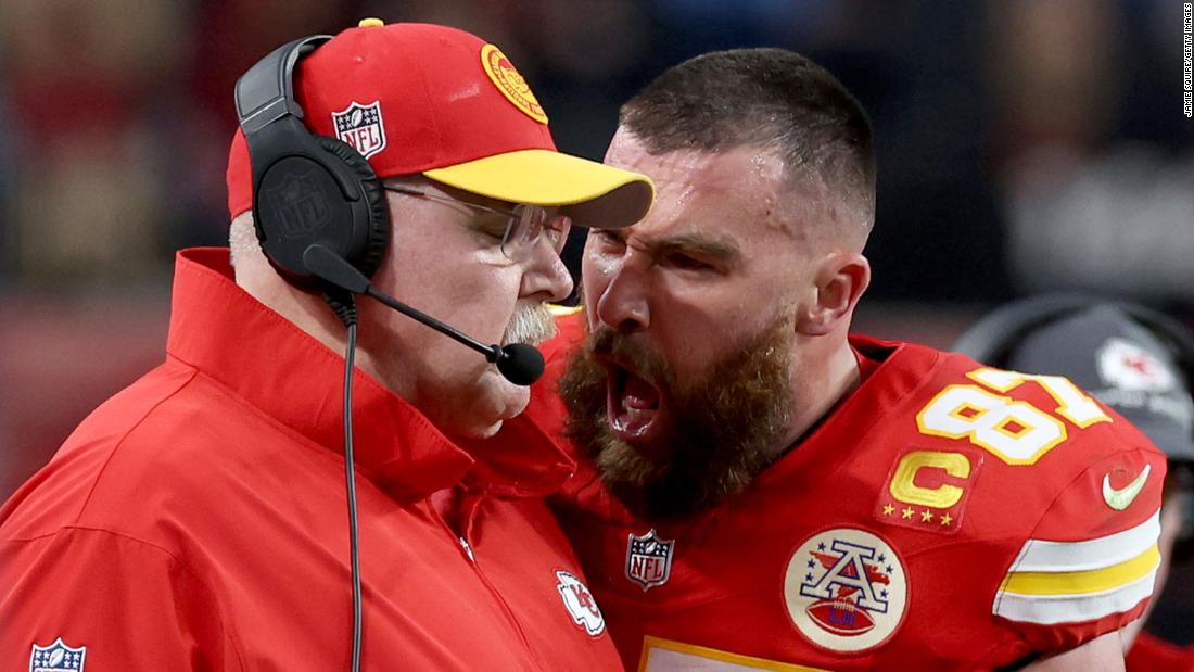 Chiefs tight end Travis Kelce yells at coach Andy Reid after Chiefs running back Isiah Pacheco fumbled in the red zone during the second quarter. The Chiefs trailed San Francisco 10-3 at halftime.