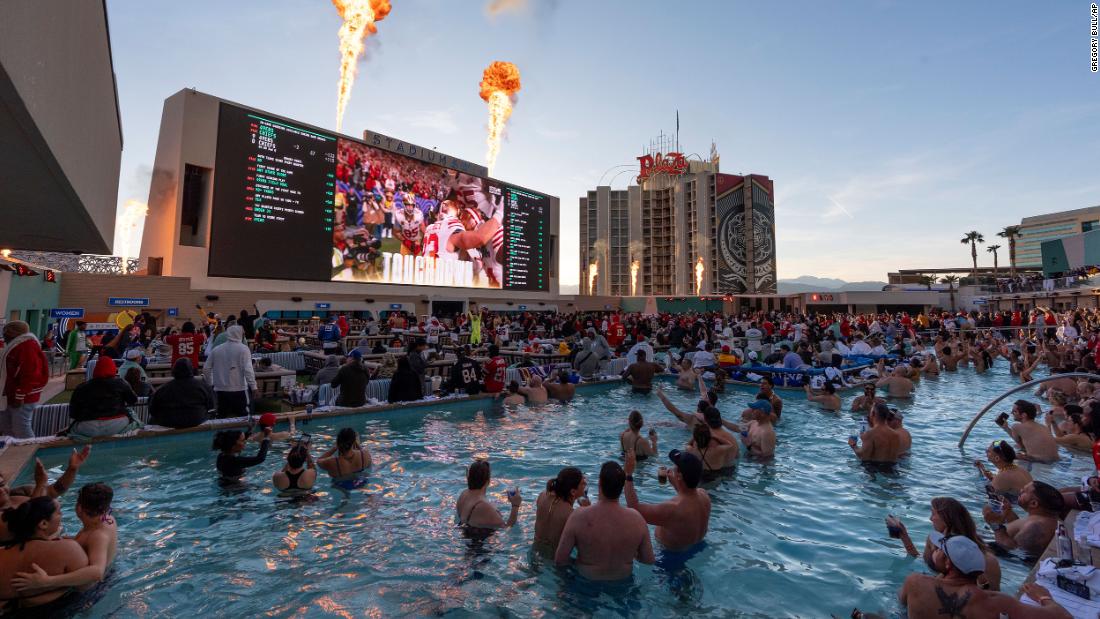 49ers fans celebrate a touchdown at the Circa Resort and Casino in Las Vegas, just a short drive away from where the game was taking place.