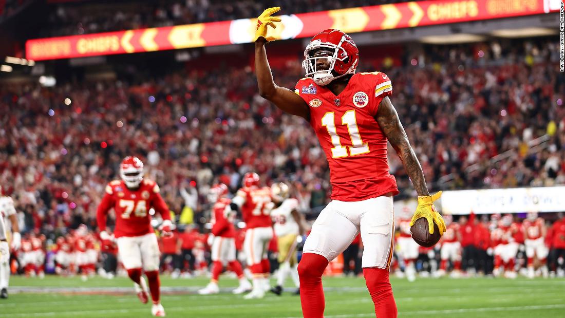Chiefs wide receiver Marquez Valdes-Scantling celebrates after catching a 16-yard touchdown pass in the third quarter. The touchdown gave the Chiefs their first lead of the game, and they led 13-10 going into the fourth quarter.