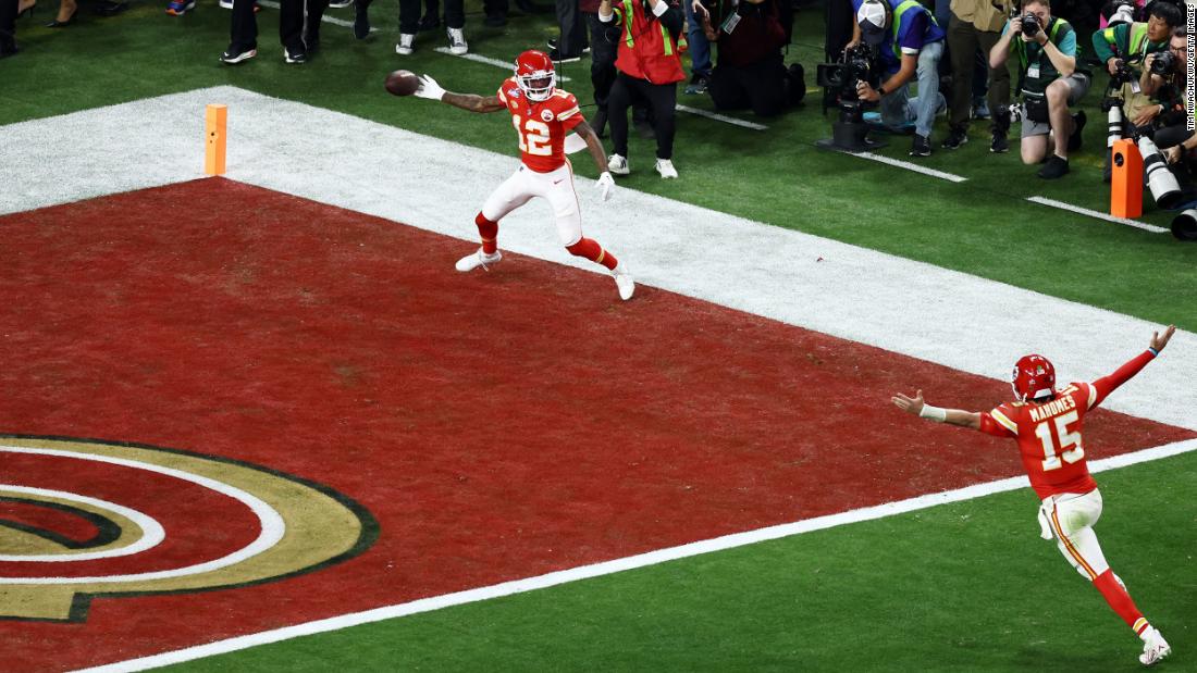 Chiefs wide receiver Mecole Hardman Jr., top, celebrates with Mahomes after they connected for a 3-yard touchdown pass that won the Super Bowl.