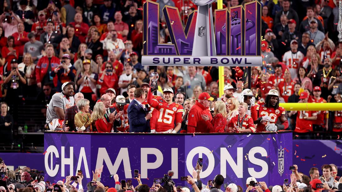 Kansas City Chiefs quarterback Patrick Mahomes holds the Lombardi Trophy after the Chiefs won Super Bowl LVIII on Sunday, February 11. Mahomes was named the game&#39;s Most Valuable Player.