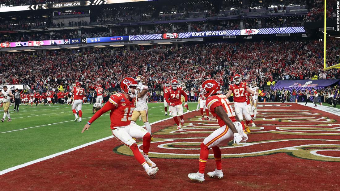 Kansas City Chiefs quarterback Patrick Mahomes, front left, celebrates with Mecole Hardman Jr. after they connected for the game-winning touchdown in Super Bowl LVIII on Sunday, February 11. Mahomes, with 333 passing yards, 66 rushing yards and two touchdown passes, was named Super Bowl MVP after the Chiefs defeated the San Francisco 49ers in overtime, 25-22.
