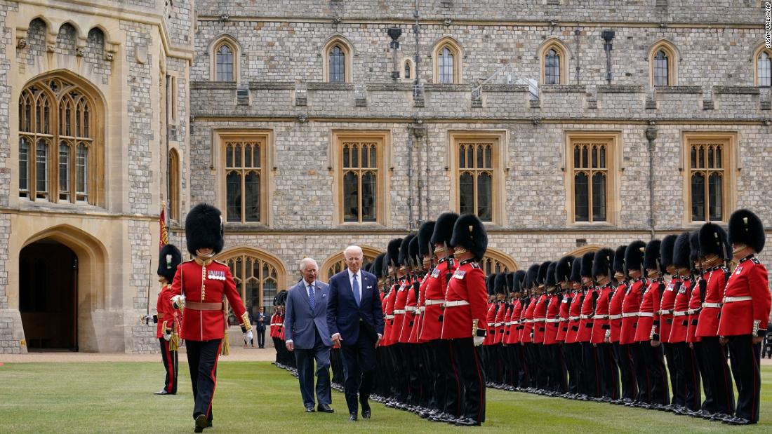 Biden reviews royal guards in front of Britain&#39;s King Charles III during a &lt;a href=&quot;https://www.cnn.com/2023/07/10/politics/biden-london-king-charles-pm-sunak/index.html&quot; target=&quot;_blank&quot;&gt;welcoming ceremony&lt;/a&gt; in Windsor, England, on July 10, 2023. It was Biden&#39;s second trip to Windsor Castle since taking office.