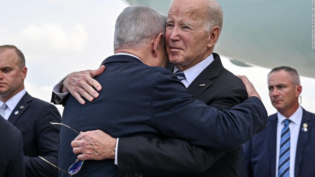 Biden, center right, is greeted by Israeli Prime Minister Benjamin Netanyahu after arriving at the Ben Gurion International Airport in Tel Aviv, Israel. Biden capped his trip by &lt;a href=&quot;https://www.cnn.com/2023/10/18/politics/joe-biden-israel-trip/index.html&quot; target=&quot;_blank&quot;&gt;sending an emphatic message of support&lt;/a&gt; to Israel, promising new aid to Netanyahu&#39;s government as it prepared fresh action against Hamas.