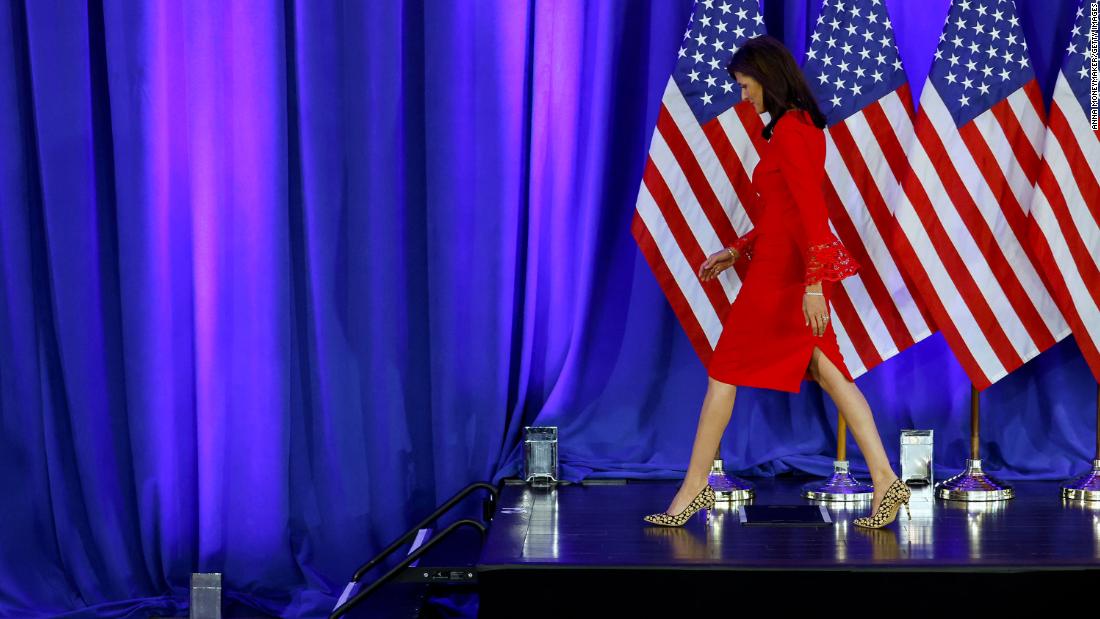 Haley walks off stage after announcing that &lt;a href=&quot;https://www.cnn.com/2024/03/06/politics/nikki-haley-2024-presidential-race&quot; target=&quot;_blank&quot;&gt;she would be suspending her presidential campaign&lt;/a&gt; in March 2024.