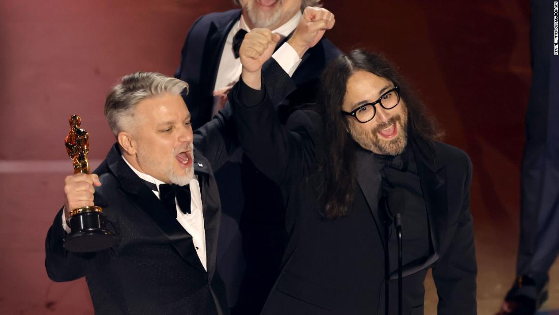 From left, Brad Booker, Dave Mullins and Sean Lennon celebrate after winning the Oscar for best animated short film (&quot;War Is Over! Inspired by the Music of John and Yoko&quot;).