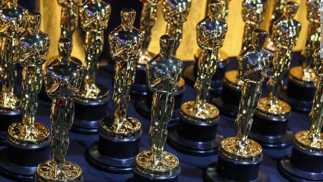 Oscars are lined up backstage during the show.