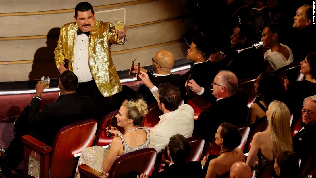 Comic Guillermo Rodriguez raises a margarita and &lt;a href=&quot;https://www.cnn.com/entertainment/live-news/oscars-academy-awards-03-10-24/h_7cb30b220d8b5ce362cf685867554d76&quot; target=&quot;_blank&quot;&gt;threatens to toast everyone in the audience&lt;/a&gt; during the show. He thanked &quot;his wife&quot; Charlize Theron (not his wife), who appeared shocked when he mentioned her.