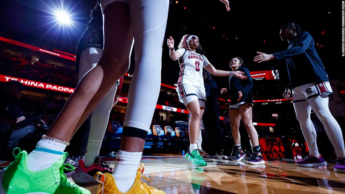 South Carolina&#39;s Te-Hina Paopao walks onto the court during player introductions ahead of the game.