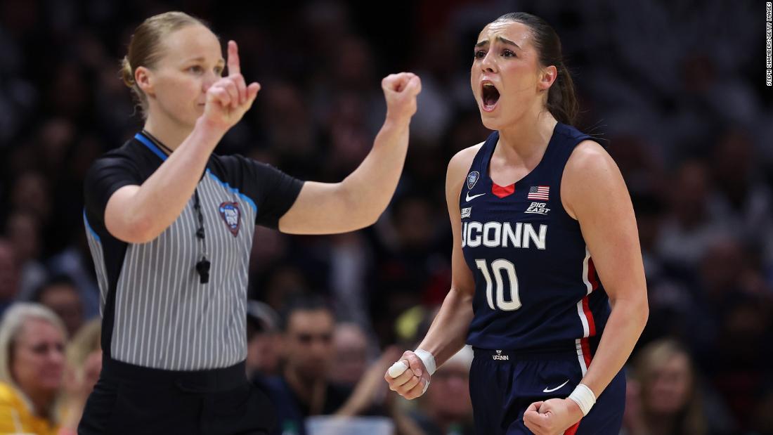 Nika Mühl of the UConn Huskies reacts after a foul in the first half.