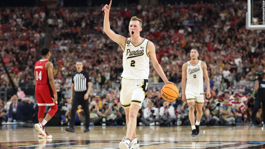 Purdue&#39;s Fletcher Loyer celebrates after beating the North Carolina State Wolfpack 63-50.