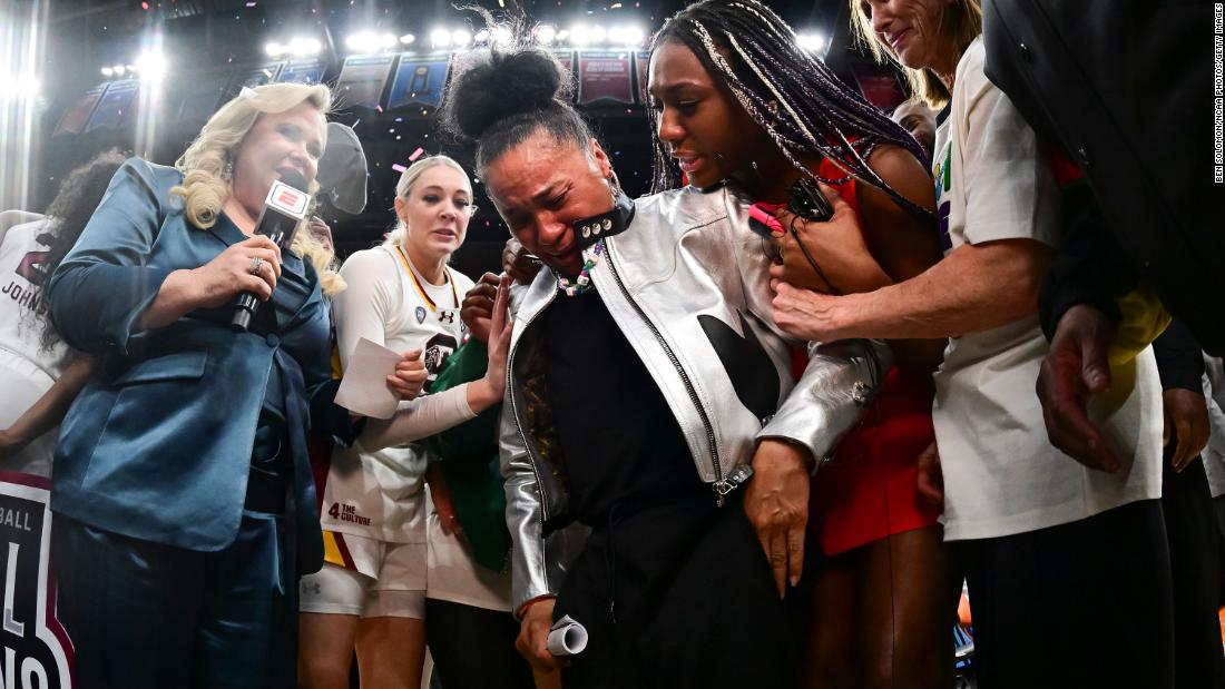 South Carolina coach Dawn Staley cries during a post-game interview.