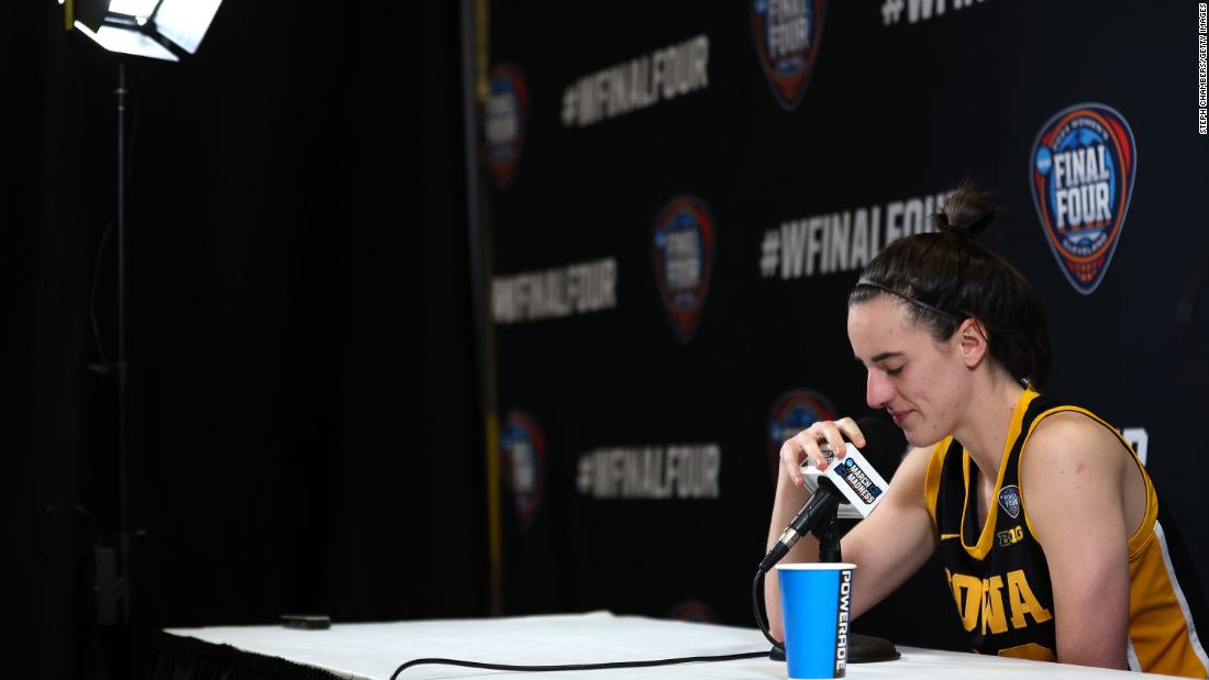 Iowa guard Caitlin Clark speaks with the media after the game.
