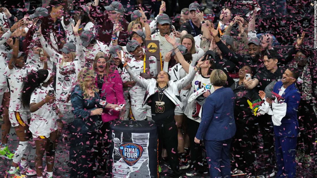The South Carolina Gamecocks celebrate after beating the Iowa Hawkeyes in the NCAA women&#39;s basketball national championship on Sunday, April 7.