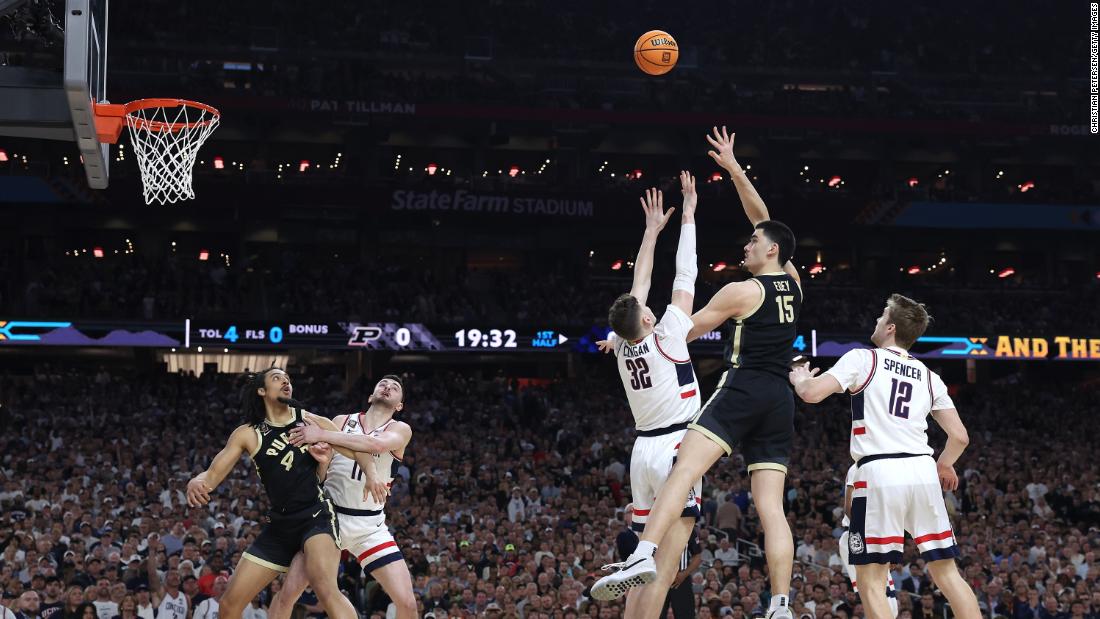 Zach Edey of Purdue attempts a shot.