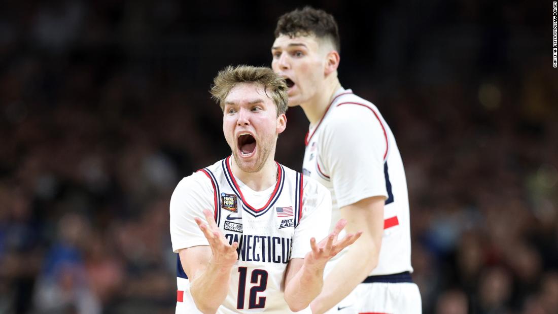 UConn&#39;s Cam Spencer celebrates in the second half.