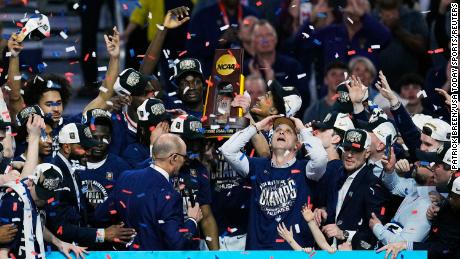 Apr 8, 2024: Glendale, AZ, USA; Connecticut Huskies head coach Dan Hurley celebrates after defeating the Purdue Boilermakers in the national championship game of the Final Four of the 2024 NCAA Tournament at State Farm Stadium. Mandatory Credit: Patrick Breen/Arizona Republic-USA TODAY Sports