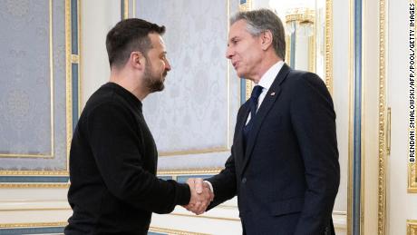 TOPSHOT - Ukraine&#39;s President Volodymyr Zelensky (L) greets US Secretary of State Antony Blinken (R) prior to their meeting in Kyiv on May 14, 2024. US Secretary of State Antony Blinken arrived on May 14, 2024 in Kyiv on an unannounced visit to assure Ukraine of continued American support and the flow of much-needed weapons as Russia presses on with its new offensive in the northeastern Kharkiv region. (Photo by Brendan SMIALOWSKI / POOL / AFP) (Photo by BRENDAN SMIALOWSKI/POOL/AFP via Getty Images)