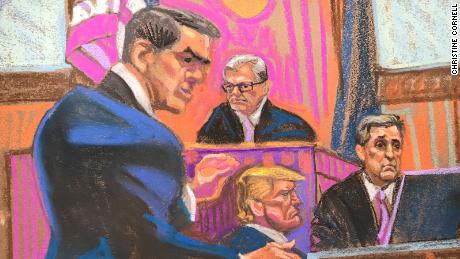 In this court sketch, attorney Todd Blanche, left, questions Michael Cohen, right, as Judge Juan Merchan and former President Donald Trump listen at Manhattan Criminal Court on May 16, 2024 in New York City.