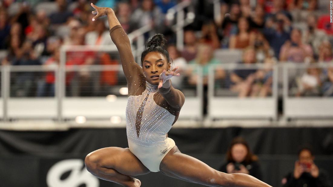 Simone Biles competes in the floor exercise during the US Gymnastics Championships in Fort Worth, Texas, in June 2024. &lt;a href=&quot;https://www.cnn.com/2024/06/02/sport/simone-biles-xfinity-us-gymnastics-championships-second-day-spt-intl/index.html&quot; target=&quot;_blank&quot;&gt;Biles dominated the event&lt;/a&gt;, turning in the top cumulative scores in the four events -- balance beam, floor exercise, uneven bars and vault -- despite a second day spill in the latter. 