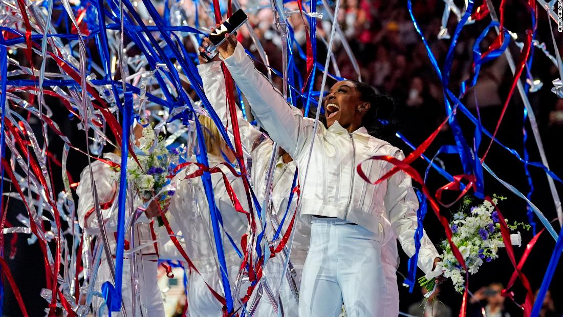 Biles celebrates as the 2024 Olympic team was named in June.