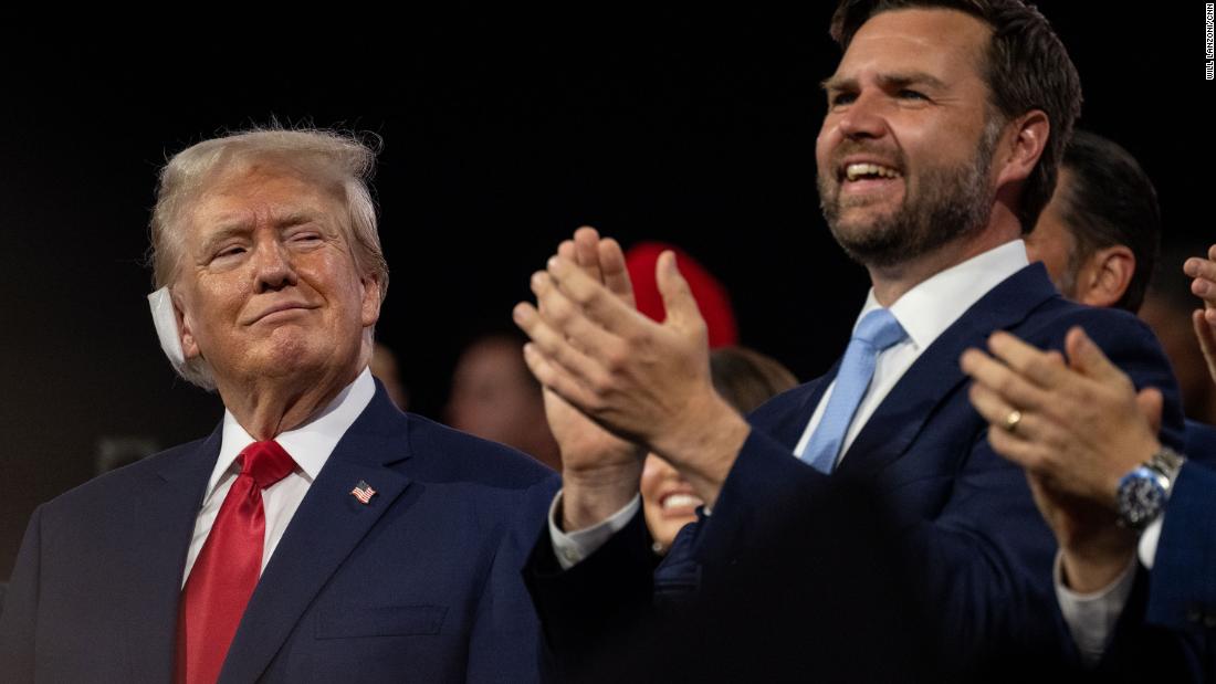 Trump looks at his running mate, Sen. JD Vance, during the &lt;a href=&quot;https://www.cnn.com/2024/07/15/politics/gallery/republican-national-convention/index.html&quot; target=&quot;_blank&quot;&gt;Republican National Convention&lt;/a&gt; in July 2024, just two days after surviving the assassination attempt.